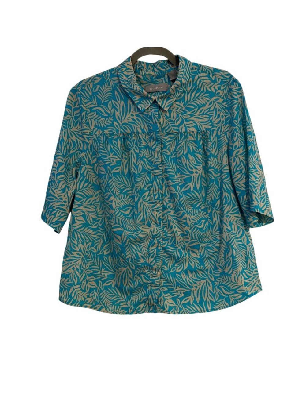 Liz Claiborne Women’s XL Blue Beige Leaf Print Button-Up Shirt 3/4 Sleeve Boho
